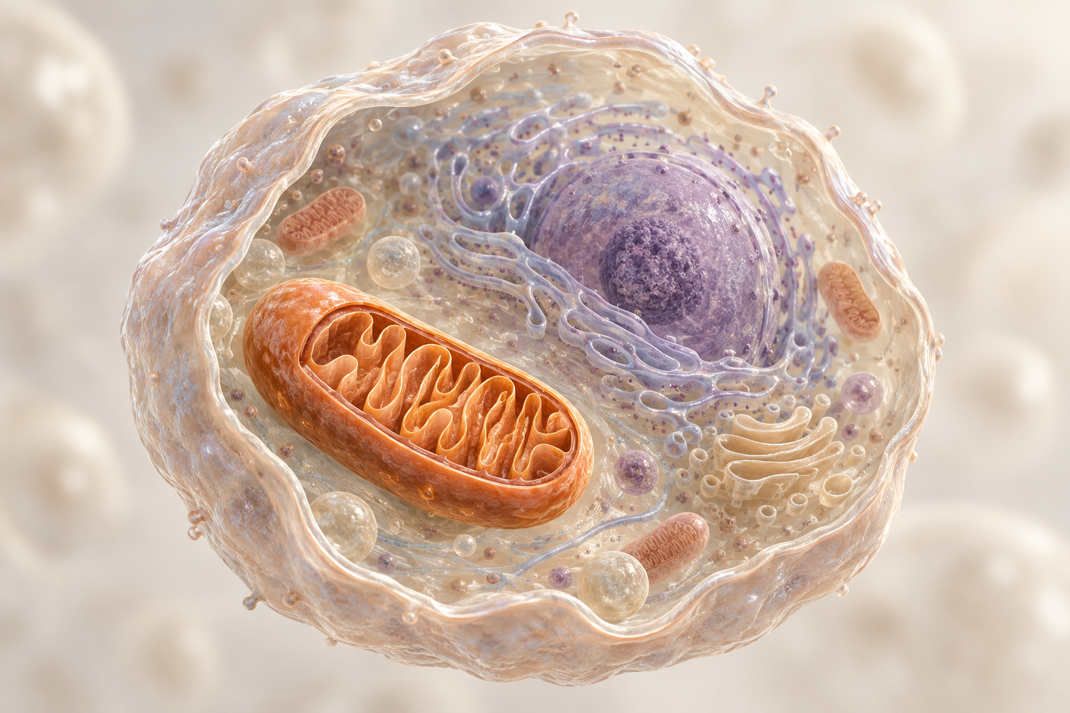 Stylized illustration of a cell with a prominent mitochondrion.
